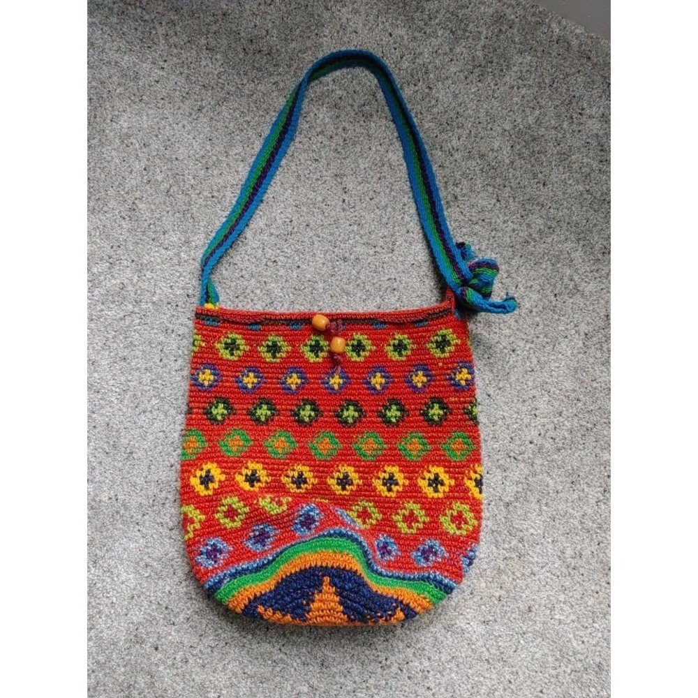Guatemalan Crochet Bucket Bag Multicolor Geo Pattern Boho Festival Hippie Beaded